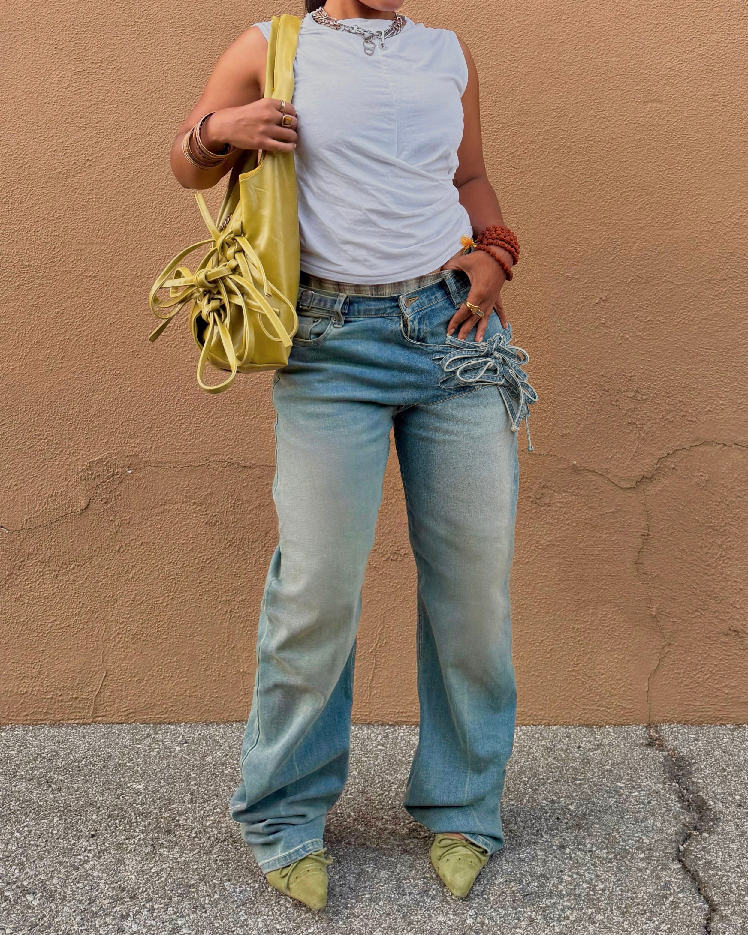 LIGHT WASH TIE DETAIL DENIM PANTS