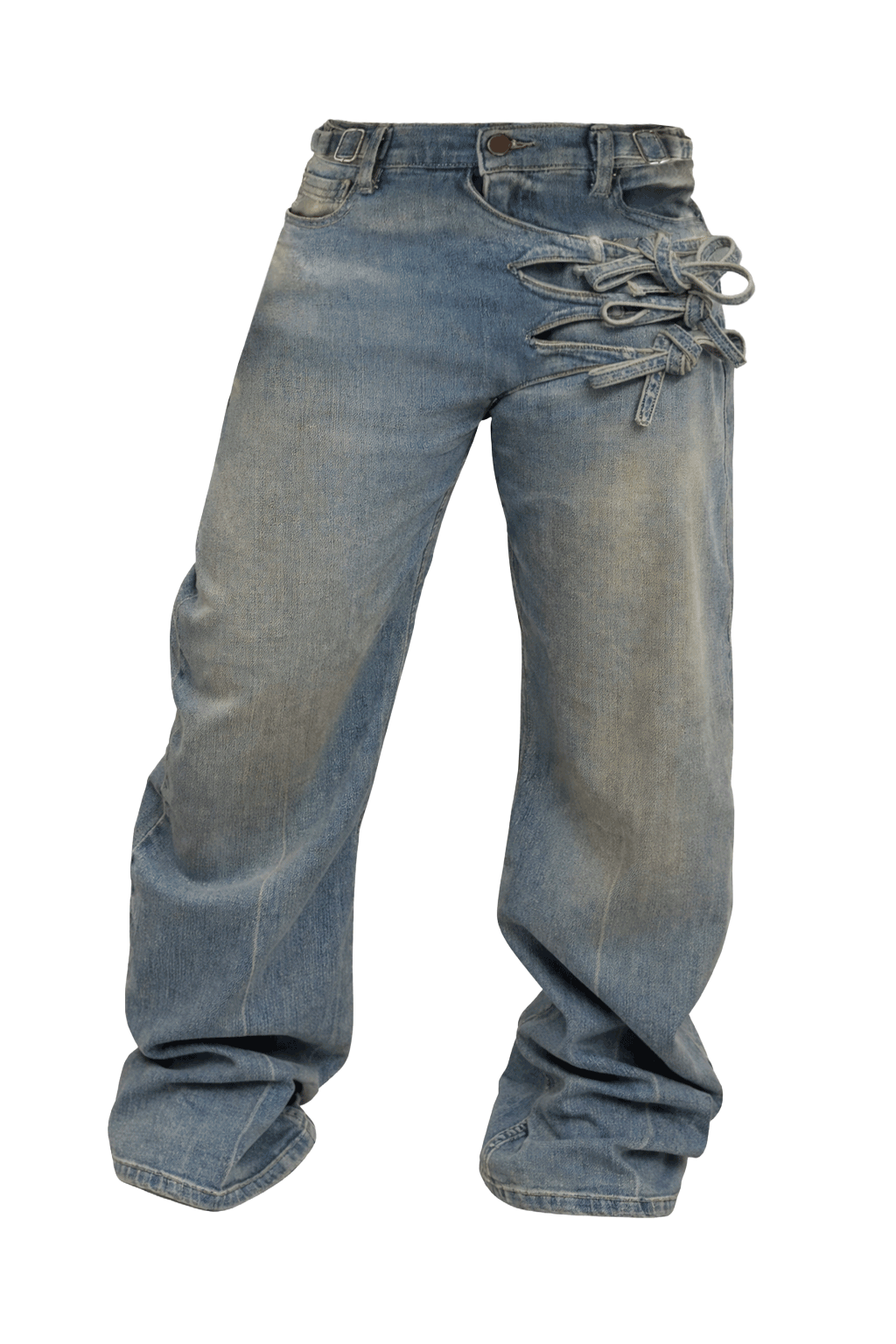 LIGHT WASH TIE DETAIL DENIM PANTS