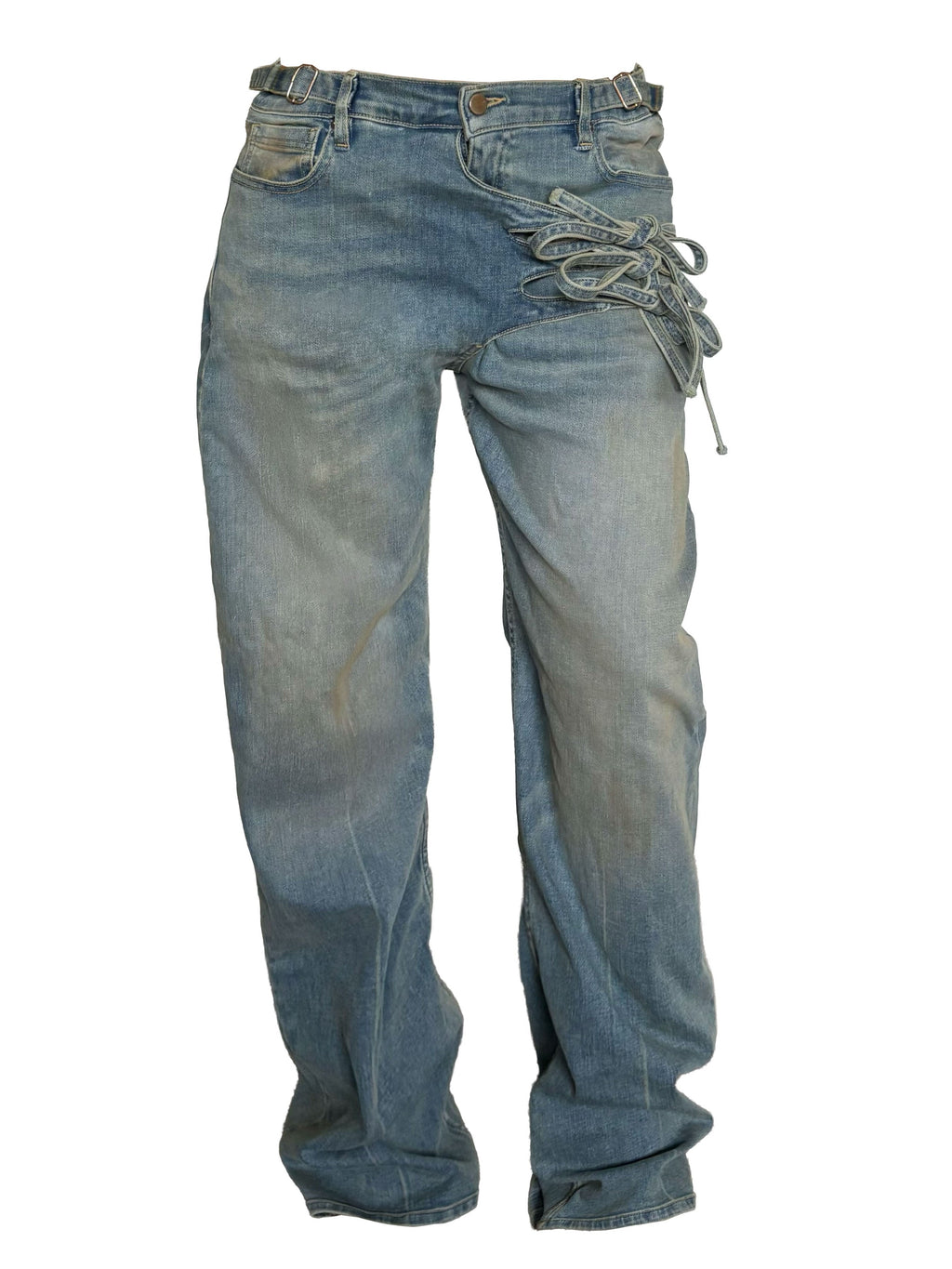 LIGHT WASH TIE DETAIL DENIM PANTS