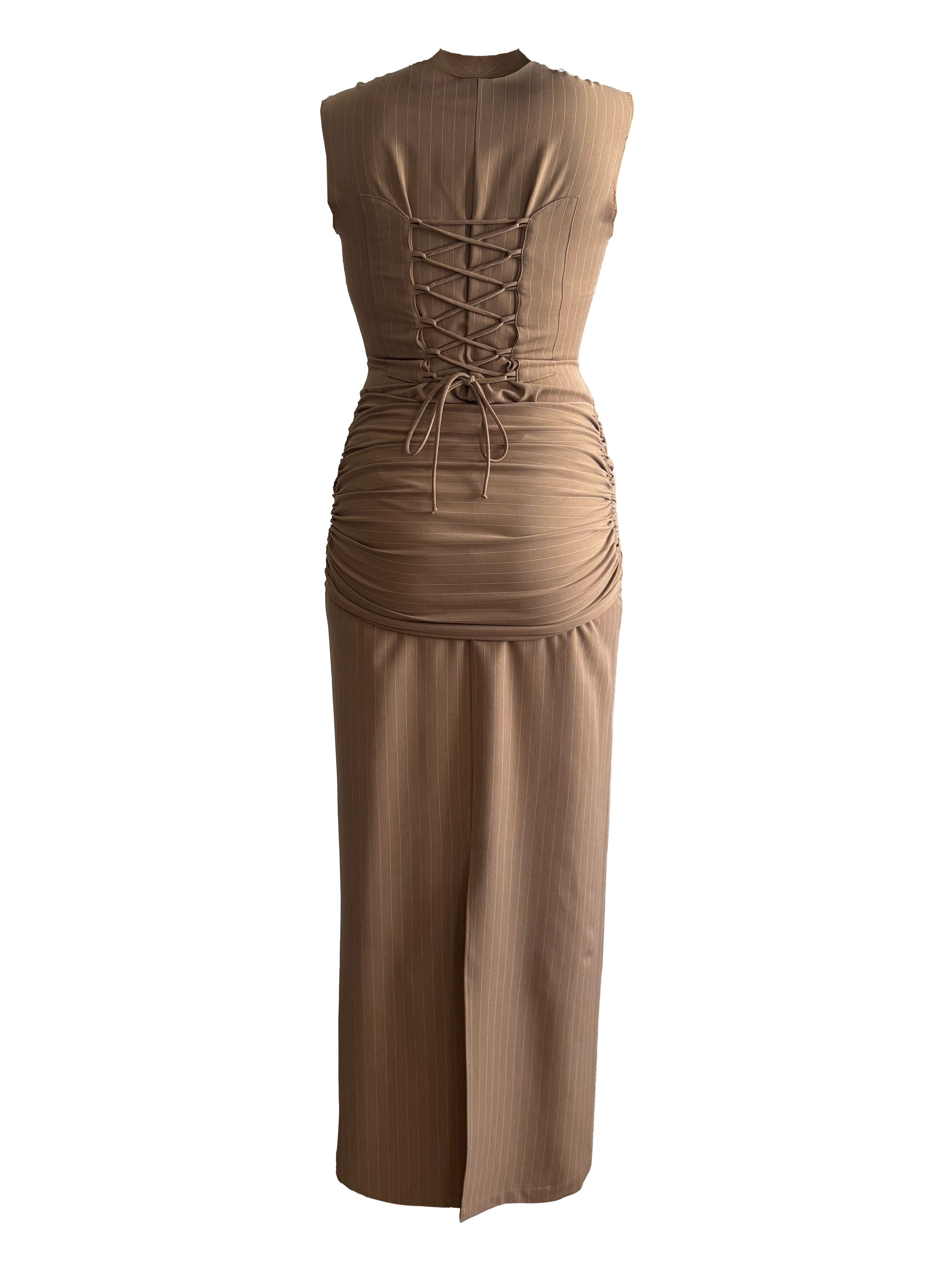 PINTSTRIPE DRAPE DRESS